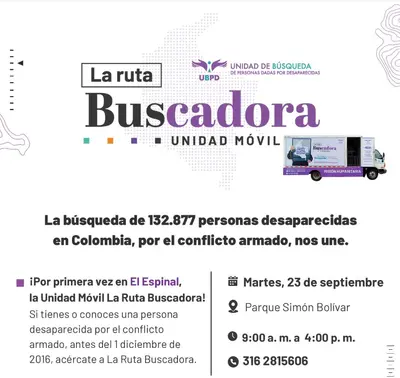 La Ruta Buscadora llega este martes 23 de septiembre a El Espinal